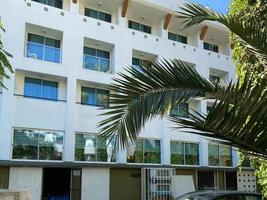 Green palm tree branches in front of white hotel background with copy space. Beautiful luxury condominium building with a garden photo