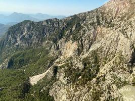 Aerial top mountain forest, texture of meadow view from above. Drone's Eye - tree green background. high-quality back for design and layout, the concept of summer meadows bordering an array of trees photo