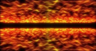 Futuristic abstract orange fiery glowing waves from particle dots shining magical neon energy lines from above and below on a black background. Abstract background photo