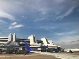 Beautiful view from the window of airplane to blue sky with white clouds at height in sunny day from the passenger seat. Traveling by plane to Europe during the holidays photo