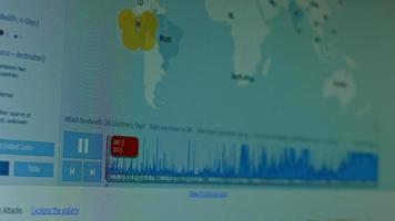 carte du monde avec différentes cibles de cyberattaque. concept de piratage et de technologie. prise de vue macro aux pixels du moniteur video