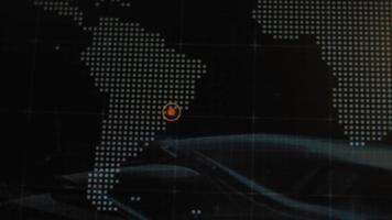 World map with different targets for cyber attack. Hacking and technology concept. Macro shooting at monitor pixels video