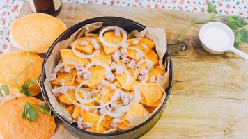 Batat sweet potato cake. Potato and ham and parmesan recipe. Macro shooting video