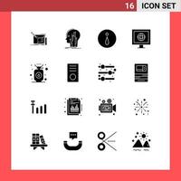 Pack of 16 Modern Solid Glyphs Signs and Symbols for Web Print Media such as cook tv knowledge news information Editable Vector Design Elements