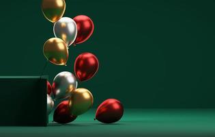 Red gold silver balloons float out of box on dark green background. 3d illustration, 3d rendering photo