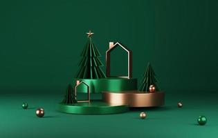 Gold edged podium and green christmas tree with gold edge elegant christmas and new year on green background. 3d illustration, 3d rendering photo