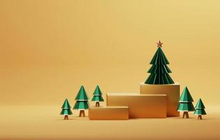 podio con bordes dorados y árbol de navidad amarillo dorado con borde elegante navidad y año nuevo sobre fondo amarillo dorado. ilustración 3d, representación 3d foto