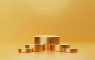 Cylindrical gold podium base luxury on abstract gold background. Product display and advertising space. 3d illustration, 3d rendering photo
