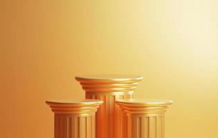 Ancient Greek style pillar three Podiums gold color background. 3d illustration, 3d rendering photo