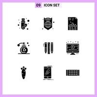 Pack of 9 Modern Solid Glyphs Signs and Symbols for Web Print Media such as essential tools makeup arrow fragrance report Editable Vector Design Elements