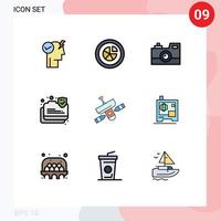 Set of 9 Commercial Filledline Flat Colors pack for secure data secure report connection retro camera Editable Vector Design Elements