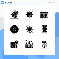 Group of 9 Modern Solid Glyphs Set for snowflake up analysis direction arrows Editable Vector Design Elements