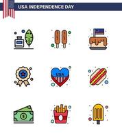 feliz día de la independencia 9 líneas llenas planas paquete de iconos para web e imprimir medalla de corazón pastel día de la independencia vacaciones elementos de diseño vectorial del día de estados unidos editables vector