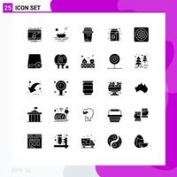 Set of 25 Vector Solid Glyphs on Grid for gear food transport coffee trash Editable Vector Design Elements