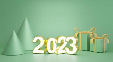 3d rendering 2023 number with green gift box, green cone on green background. concept happy new year 2023. copy space photo