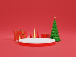 Background 3d geometry podium rendering for Christmas and new year Background. The gift box and pine tree and podium stage display the color Christmas. 3D illustration podium background. photo