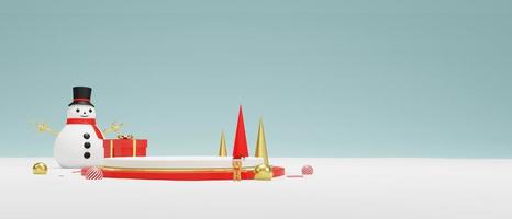Background 3d geometry podium rendering for Christmas and new year Background. The gift box and snow man and podium stage display the color Christmas. 3D illustration podium background. photo