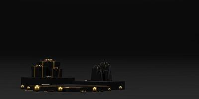 Background 3d rendering for Christmas and new year with gold and black colors Background. Gift box with balloon and circle podium on gold and black colors . 3D illustration background. photo