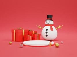 Background 3d geometry podium rendering for Christmas and new year Background. Gift box and snow man, Gingerbread man and podium stage display the color Christmas. 3D illustration podium background. photo