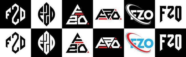 FZO letter logo design in six style. FZO polygon, circle, triangle, hexagon, flat and simple style with black and white color variation letter logo set in one artboard. FZO minimalist and classic logo vector