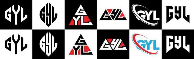 GYL letter logo design in six style. GYL polygon, circle, triangle, hexagon, flat and simple style with black and white color variation letter logo set in one artboard. GYL minimalist and classic logo vector