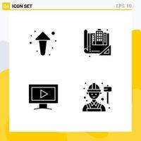 Modern Set of 4 Solid Glyphs Pictograph of arrow monitor direction blueprint video Editable Vector Design Elements