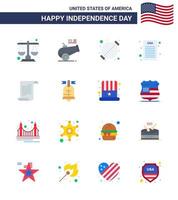 Modern Set of 16 Flats and symbols on USA Independence Day such as text democratic food declaration of independence party Editable USA Day Vector Design Elements