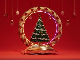 Red background with Gold podium and Christmas trees for product. Christmas celebration 2022. 3D rendering. photo