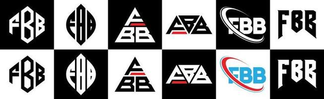 diseño de logotipo de letra fbb en seis estilos. polígono fbb, círculo, triángulo, hexágono, estilo plano y simple con logotipo de letra de variación de color blanco y negro en una mesa de trabajo. logotipo minimalista y clásico de fbb vector