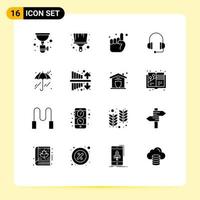 16 User Interface Solid Glyph Pack of modern Signs and Symbols of rain umbrella hand support headphones Editable Vector Design Elements