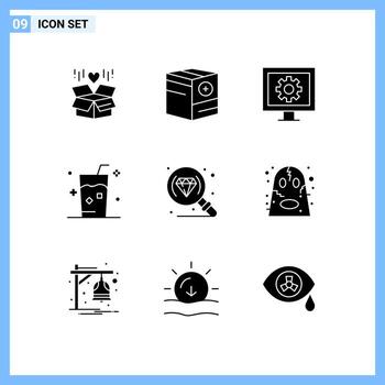 Editable Vector Line Pack of 9 Simple Solid Glyphs of summer ice plus fresh watch Editable Vector Design Elements
