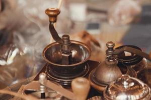 Vintage coffee grinders on a street market. Chiang Mai, Thailand. photo