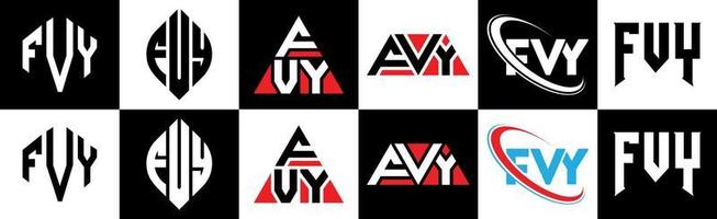 diseño de logotipo de letra fvy en seis estilos. fvy polígono, círculo, triángulo, hexágono, estilo plano y simple con logotipo de letra de variación de color blanco y negro en una mesa de trabajo. logo fvy minimalista y clásico vector