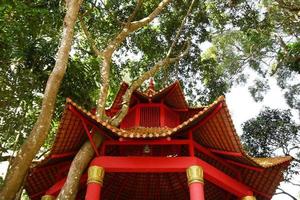 View on a wooden gazebo roof red color with trees around it on a sunny day. photo