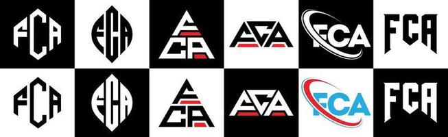 FCA letter logo design in six style. FCA polygon, circle, triangle, hexagon, flat and simple style with black and white color variation letter logo set in one artboard. FCA minimalist and classic logo vector