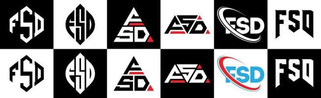 FSD letter logo design in six style. FSD polygon, circle, triangle, hexagon, flat and simple style with black and white color variation letter logo set in one artboard. FSD minimalist and classic logo vector