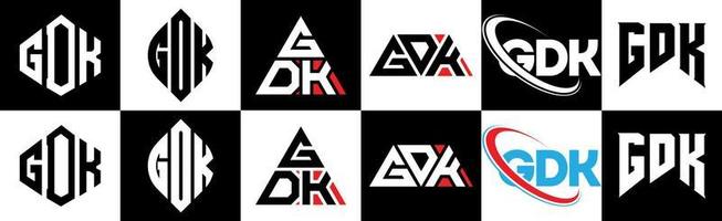 GDK letter logo design in six style. GDK polygon, circle, triangle, hexagon, flat and simple style with black and white color variation letter logo set in one artboard. GDK minimalist and classic logo vector