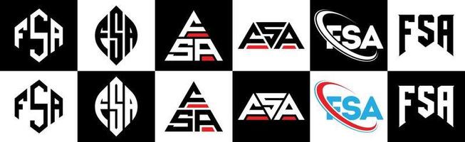 FSA letter logo design in six style. FSA polygon, circle, triangle, hexagon, flat and simple style with black and white color variation letter logo set in one artboard. FSA minimalist and classic logo vector