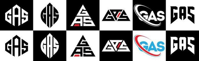 GAS letter logo design in six style. GAS polygon, circle, triangle, hexagon, flat and simple style with black and white color variation letter logo set in one artboard. GAS minimalist and classic logo vector