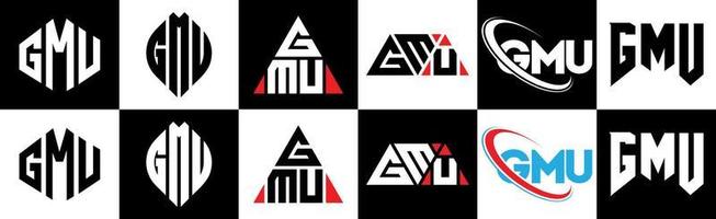 GMU letter logo design in six style. GMU polygon, circle, triangle, hexagon, flat and simple style with black and white color variation letter logo set in one artboard. GMU minimalist and classic logo vector