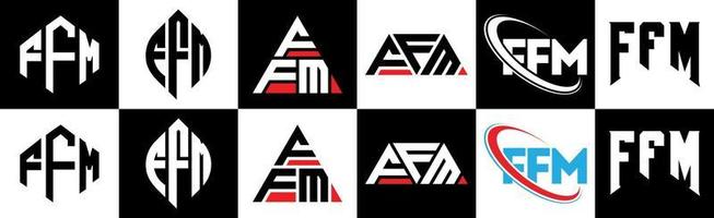 diseño de logotipo de letra ffm en seis estilos. polígono ffm, círculo, triángulo, hexágono, estilo plano y simple con logotipo de letra de variación de color blanco y negro en una mesa de trabajo. logotipo minimalista y clásico de ffm vector