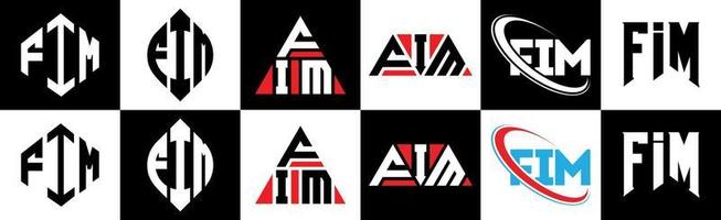 FIM letter logo design in six style. FIM polygon, circle, triangle, hexagon, flat and simple style with black and white color variation letter logo set in one artboard. FIM minimalist and classic logo vector