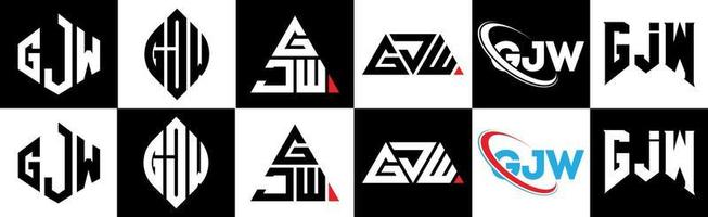 Diseño de logotipo de letra gjw en seis estilos. gjw polígono, círculo, triángulo, hexágono, estilo plano y simple con logotipo de letra de variación de color blanco y negro en una mesa de trabajo. logotipo minimalista y clásico de gjw vector