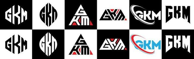 GKM letter logo design in six style. GKM polygon, circle, triangle, hexagon, flat and simple style with black and white color variation letter logo set in one artboard. GKM minimalist and classic logo vector