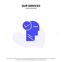 nuestros servicios mente cabeza solución pensamiento sólido glifo icono plantilla de tarjeta web vector