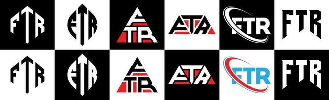 diseño de logotipo de letra ftr en seis estilos. ftr polígono, círculo, triángulo, hexágono, estilo plano y simple con logotipo de letra de variación de color blanco y negro en una mesa de trabajo. logotipo minimalista y clásico de ftr vector