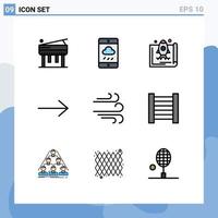paquete de 9 signos y símbolos de colores planos de línea de relleno modernos para medios de impresión web, como elementos de diseño de vectores editables de flecha de dirección de lanzamiento de clima de escalera