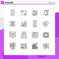 Set of 16 Vector Outlines on Grid for gear mind ecommerce map head Editable Vector Design Elements
