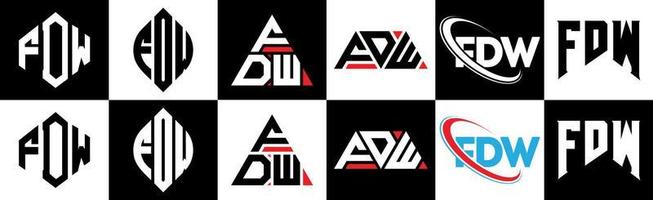 FDW letter logo design in six style. FDW polygon, circle, triangle, hexagon, flat and simple style with black and white color variation letter logo set in one artboard. FDW minimalist and classic logo vector