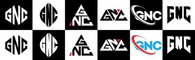 GNC letter logo design in six style. GNC polygon, circle, triangle, hexagon, flat and simple style with black and white color variation letter logo set in one artboard. GNC minimalist and classic logo vector